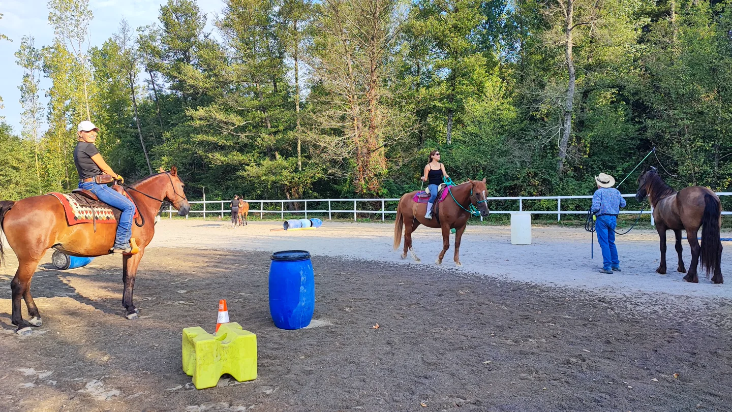 Lezione in campo: allieve a cavallo, ognuna sul proprio esercizio